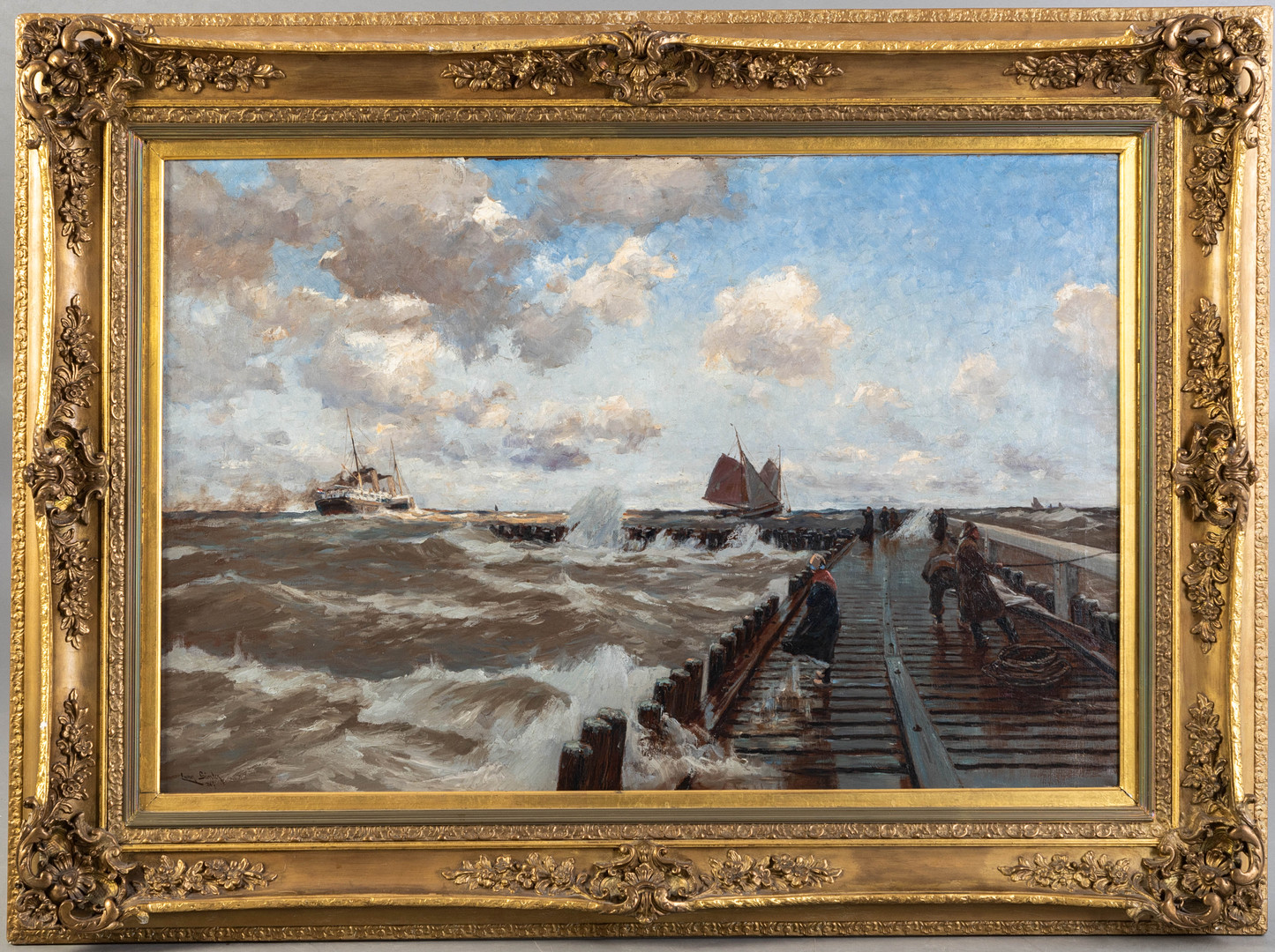 ERWIN GÜNTHER (1864-1927). Stürmischer Tag an der Mole.