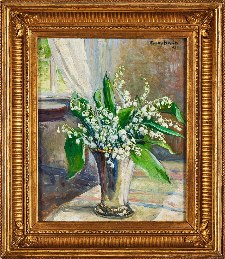 FANNY BRATE. Liljekonvaljer i silverbägare, olja på pannå, 27 x 22 cm.