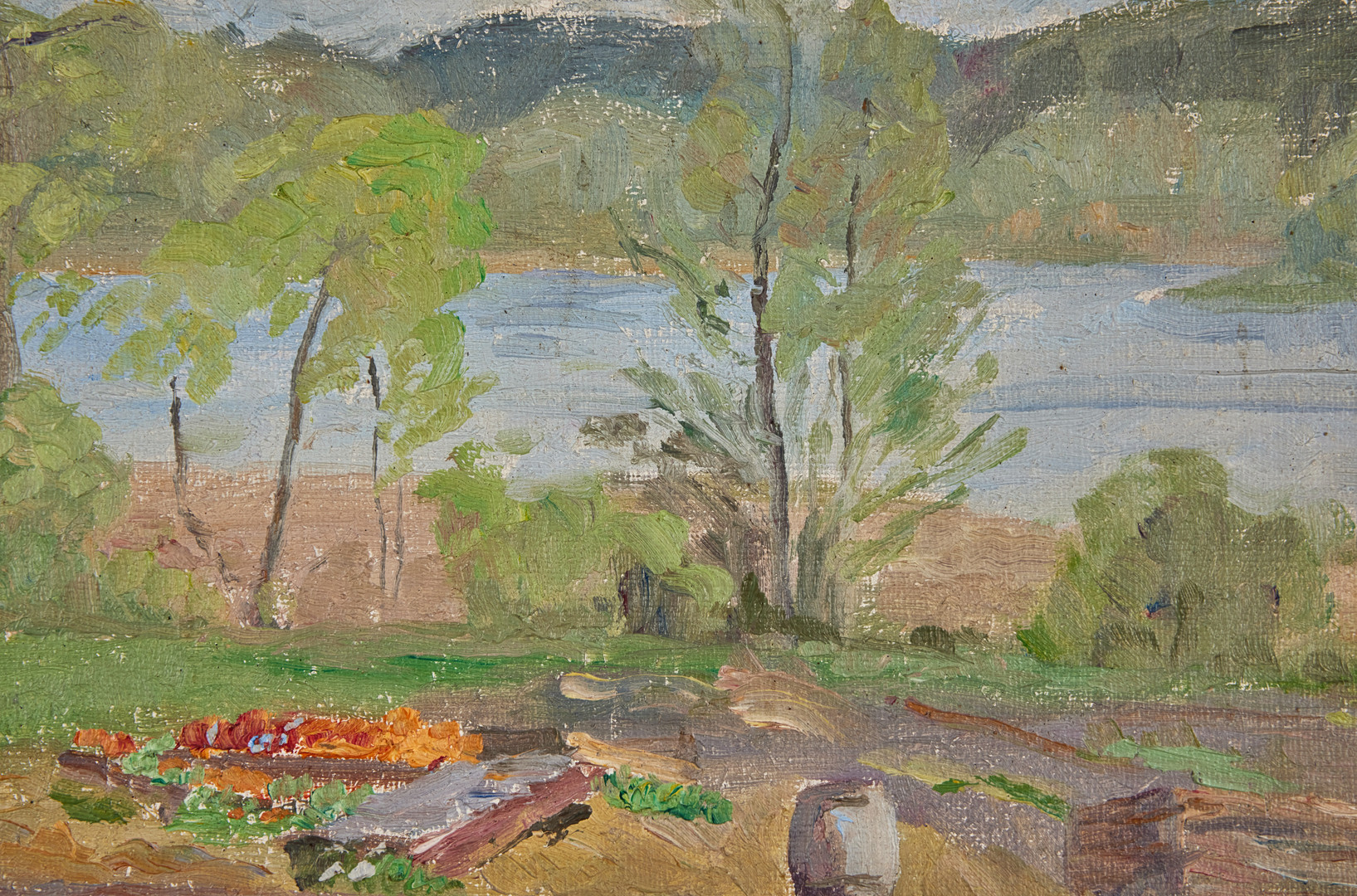 KRONPRINSESSAN MARGARETA. Trädgård vid vattnet, Backebo, Värmdö, Consul Villars, olja på pannå, 25 x 38 cm.