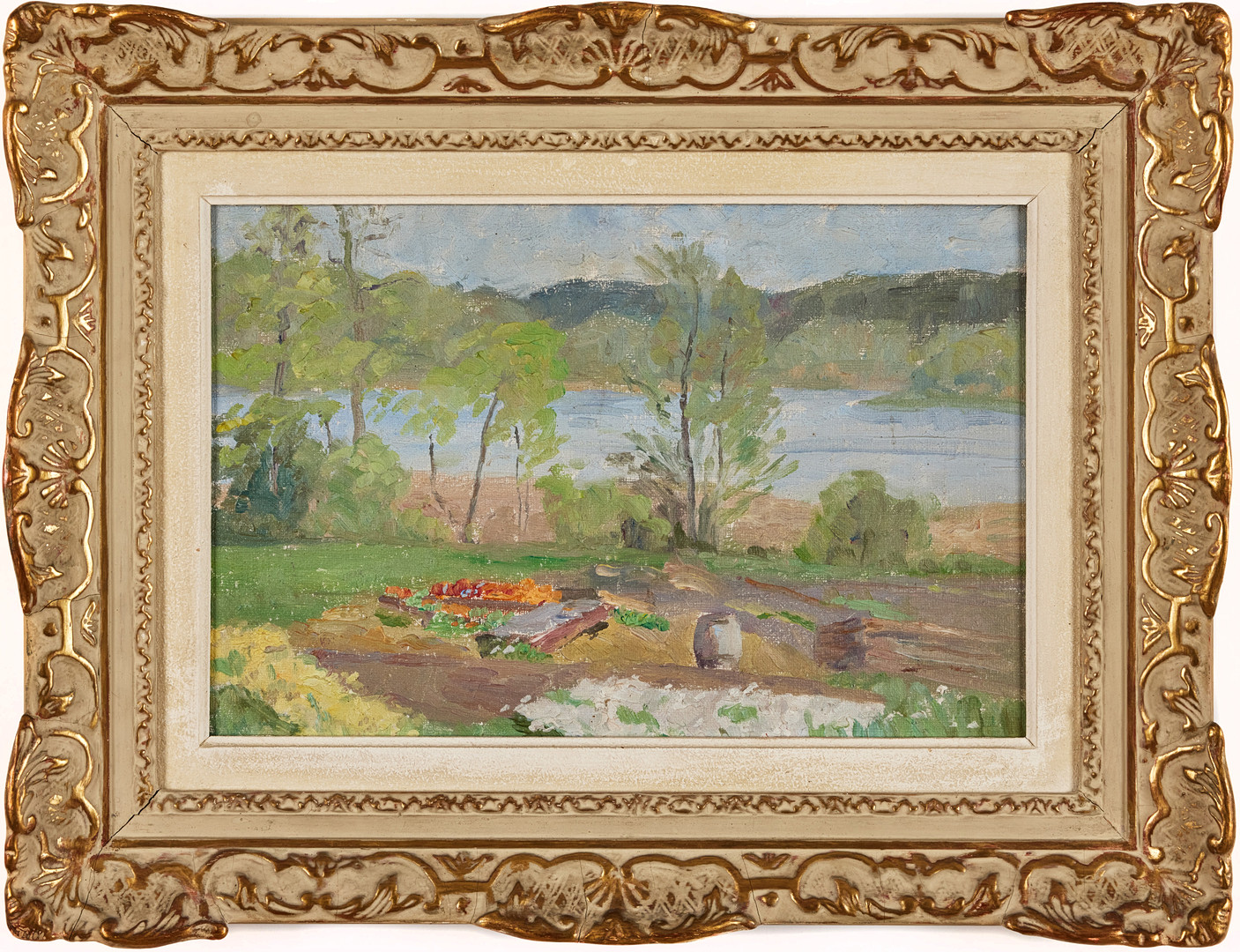 KRONPRINSESSAN MARGARETA. Trädgård vid vattnet, Backebo, Värmdö, Consul Villars, olja på pannå, 25 x 38 cm.