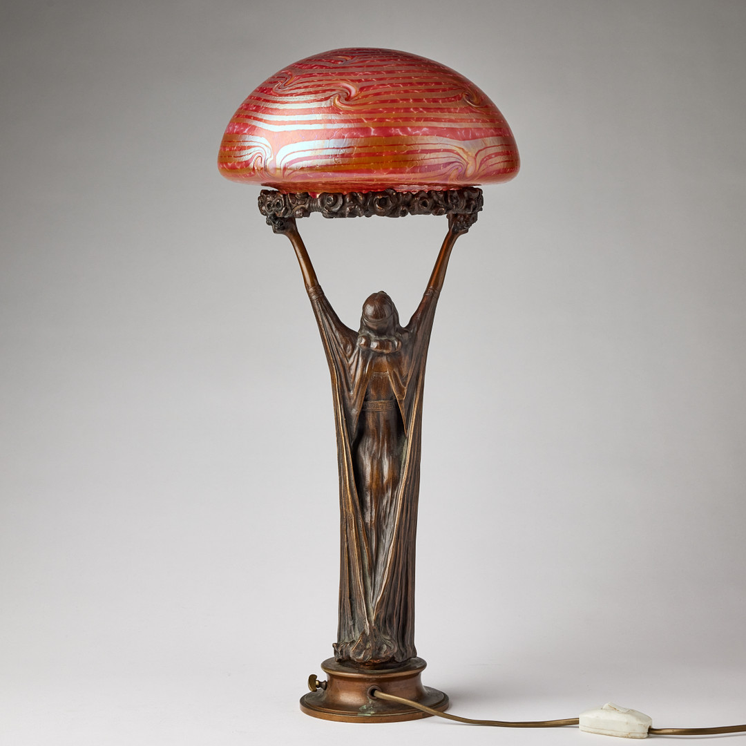 TABLE LAMP, Art Nouveau, bronze, decor of standing woman.