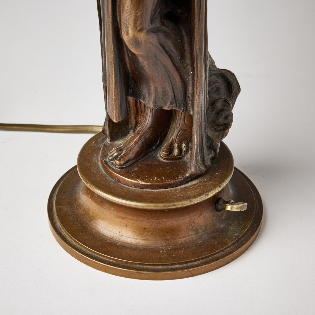TABLE LAMP, Art Nouveau, bronze, decor of standing woman.