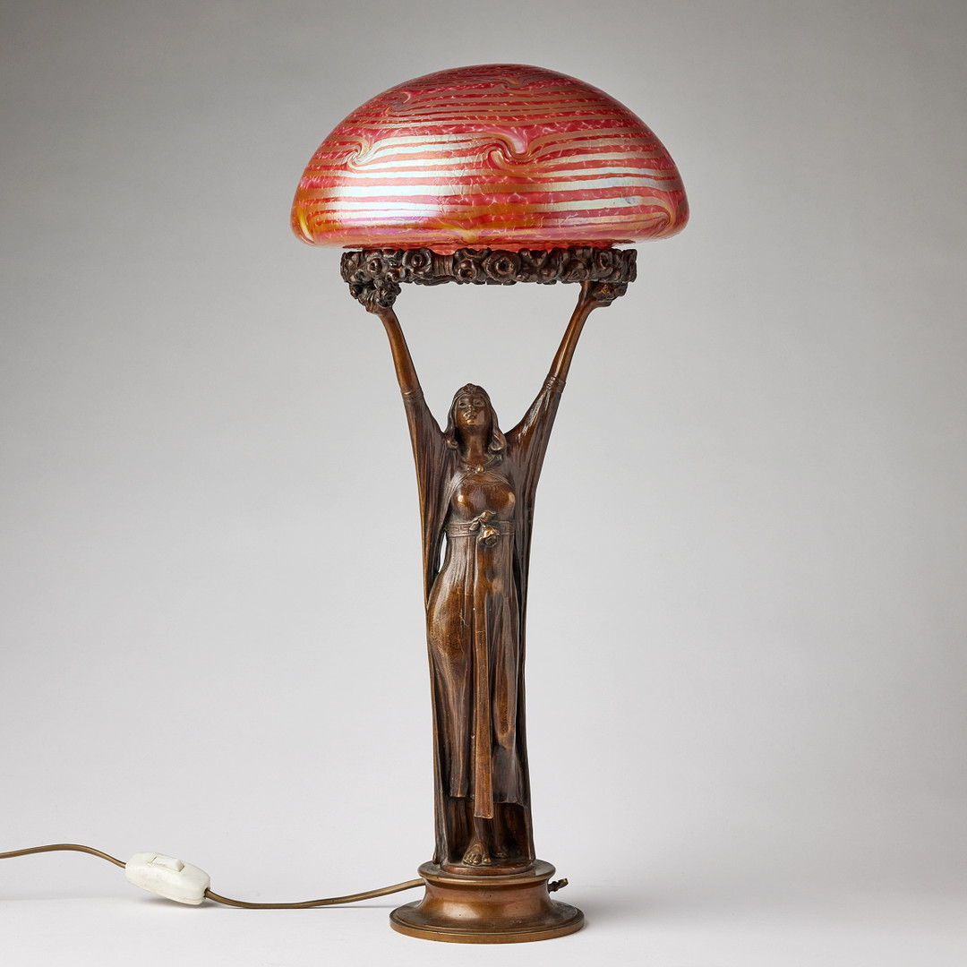 TABLE LAMP, Art Nouveau, bronze, decor of standing woman.