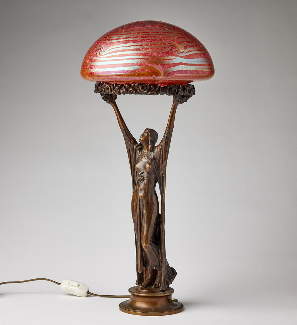 TABLE LAMP, Art Nouveau, bronze, decor of standing woman.