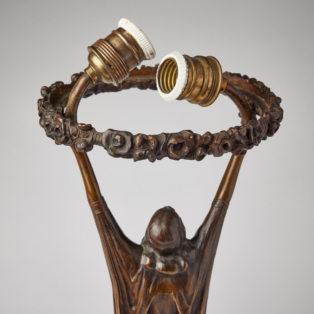 TABLE LAMP, Art Nouveau, bronze, decor of standing woman.