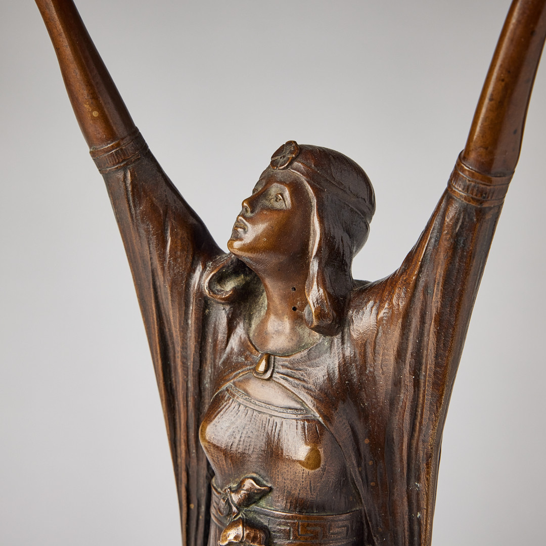 TABLE LAMP, Art Nouveau, bronze, decor of standing woman.