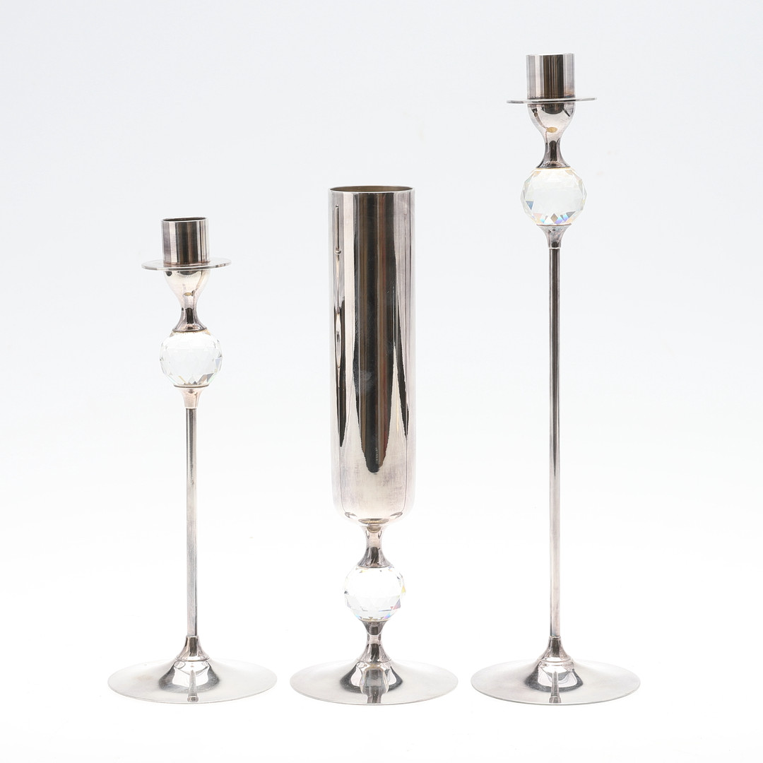 Images for 2308722. THREE GRADUATED SWAROVSKI CRYSTAL CANDLESTICKS
