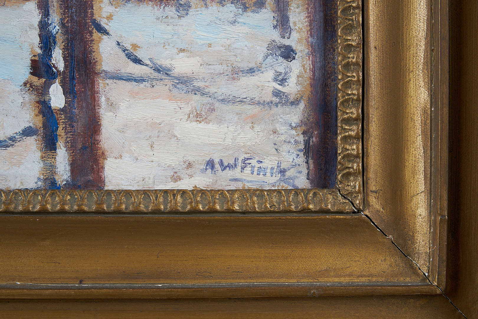 ALFRED WILLIAM FINCH. Vintrig hamnvy, signerad, olja på pannå.