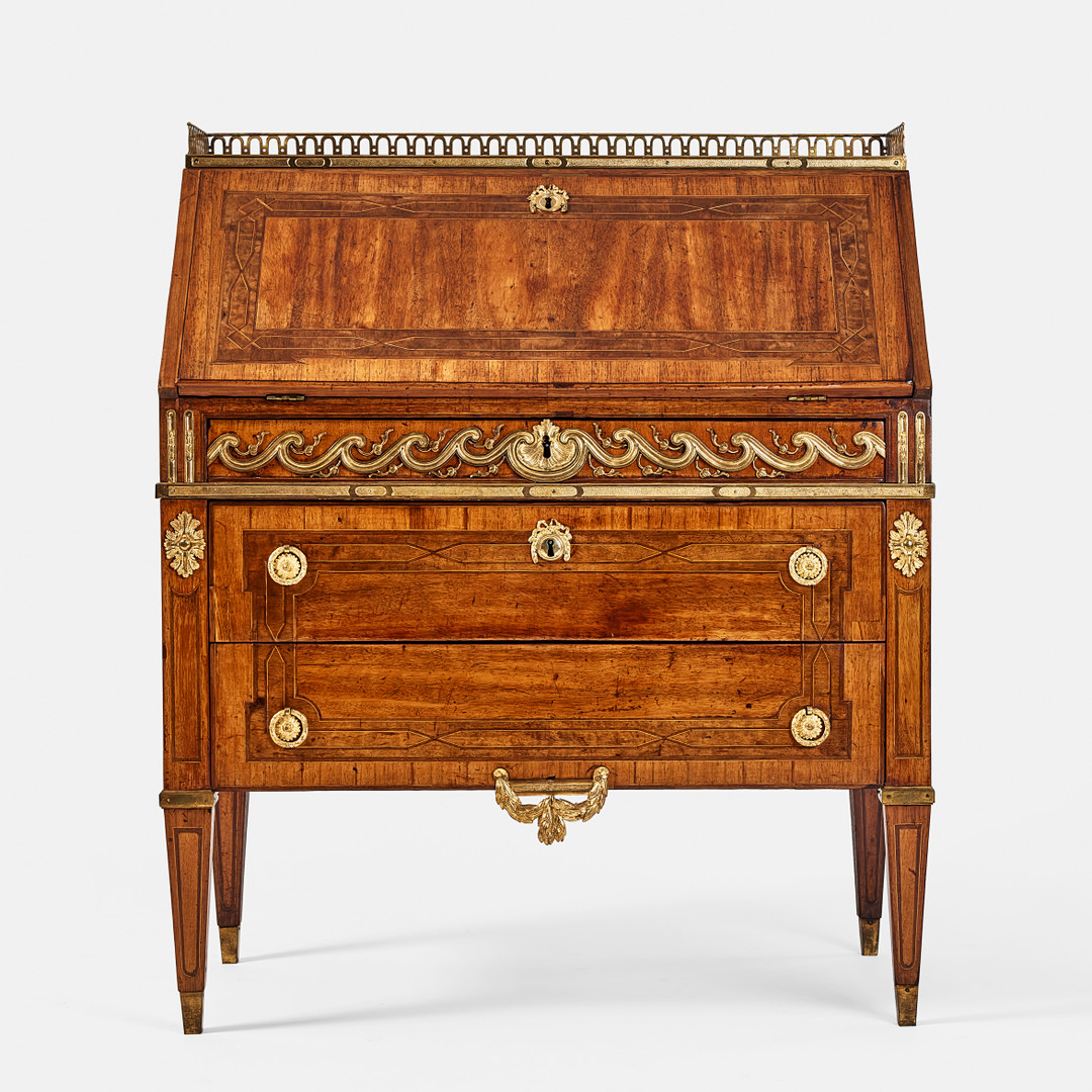 GEORG HAUPT (hovschatullmakare 1769, ämbetsmästare i Stockholm 1770-1784/88), secrétaire en pente, högklassigt gustavianskt stockholmsarbete.