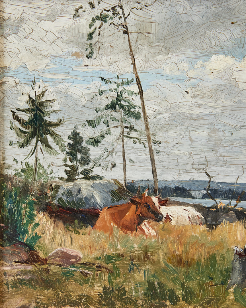 HILMA AF KLINT (1862-1944). Kor i skogsglänta, olja på pannå, 16 x 25 cm.