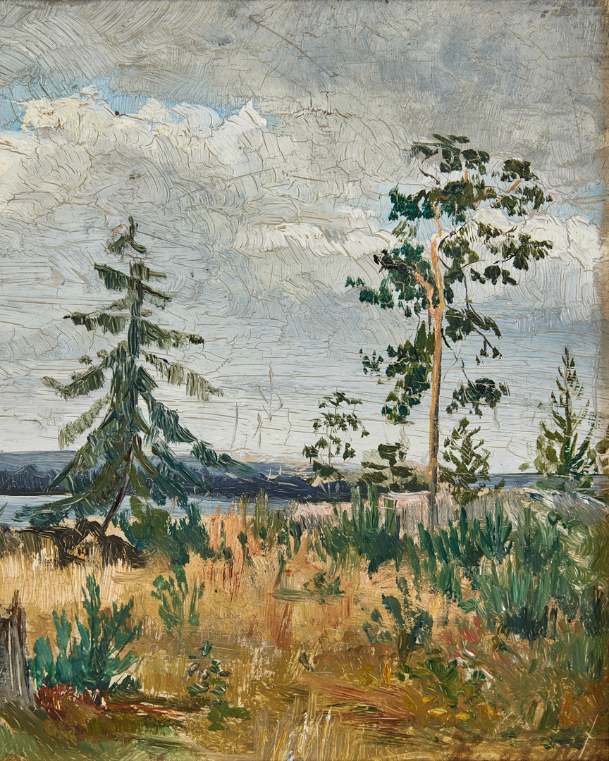 HILMA AF KLINT (1862-1944). Kor i skogsglänta, olja på pannå, 16 x 25 cm.