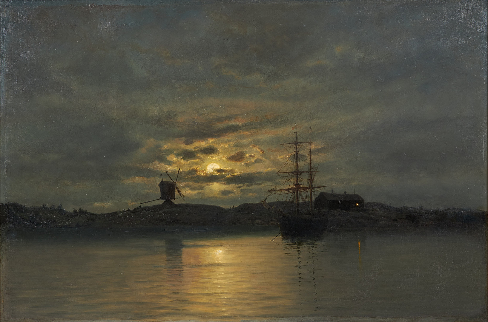 OSCAR KLEINEH. Månsken i skärgården, olja på duk.
