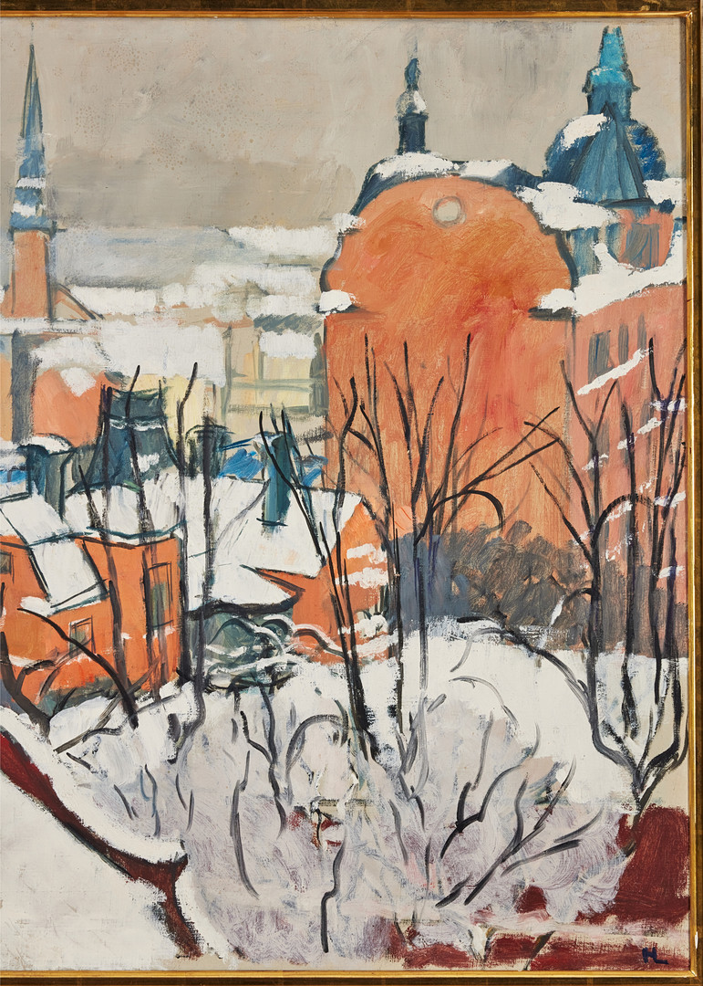 HILDING LINNQVIST. Bastugatan i snö, olja på duk, 74 x 102 cm.