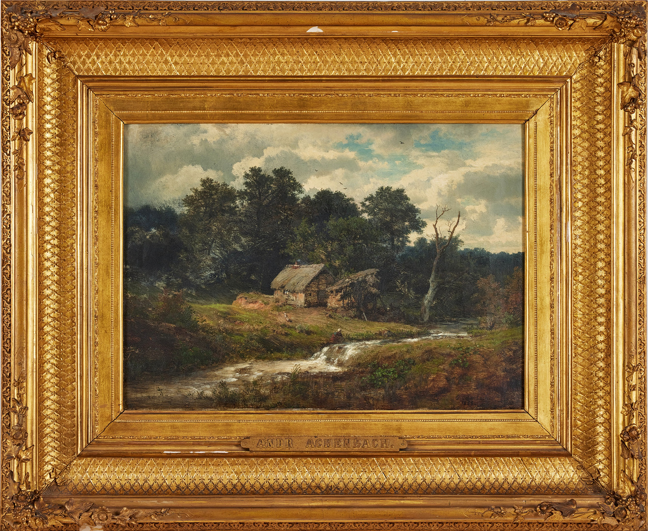 ANDREAS ACHENBACH. Kvinna vid porlande flod, olja på duk, 41 x 57,5 cm.