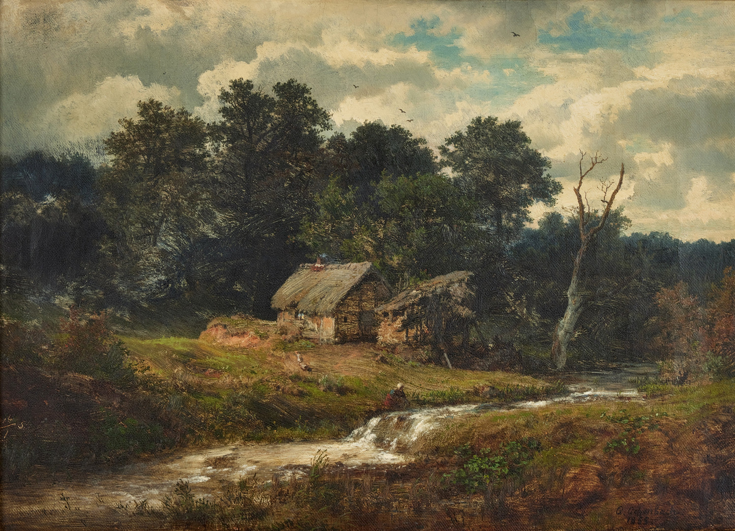 ANDREAS ACHENBACH. Kvinna vid porlande flod, olja på duk, 41 x 57,5 cm.