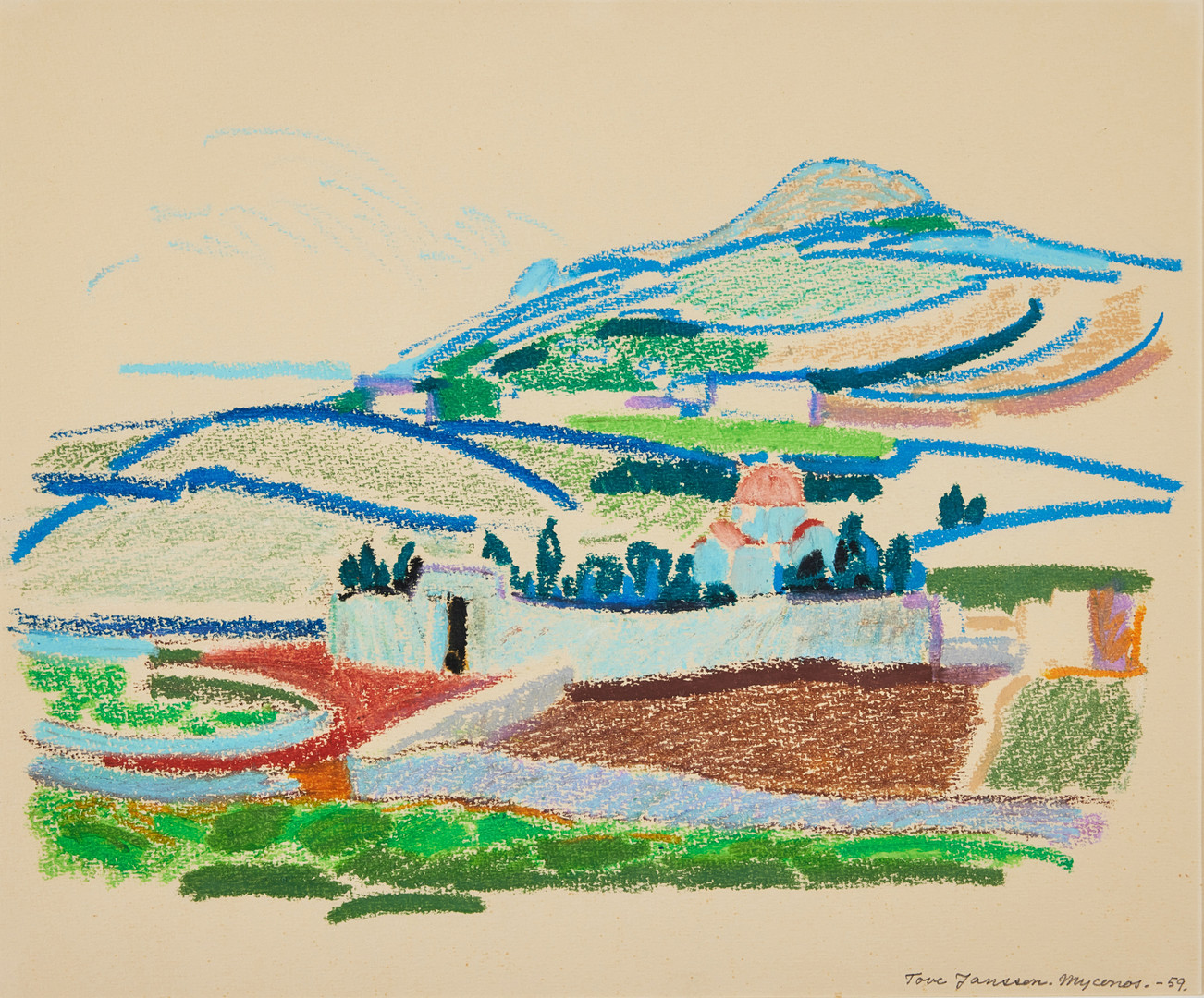 TOVE JANSSON. Vy över Mykonos, pastellkrita, 31 x 26 cm.