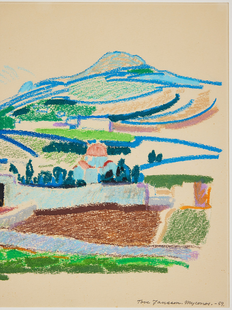 TOVE JANSSON. Vy över Mykonos, pastellkrita, 31 x 26 cm.