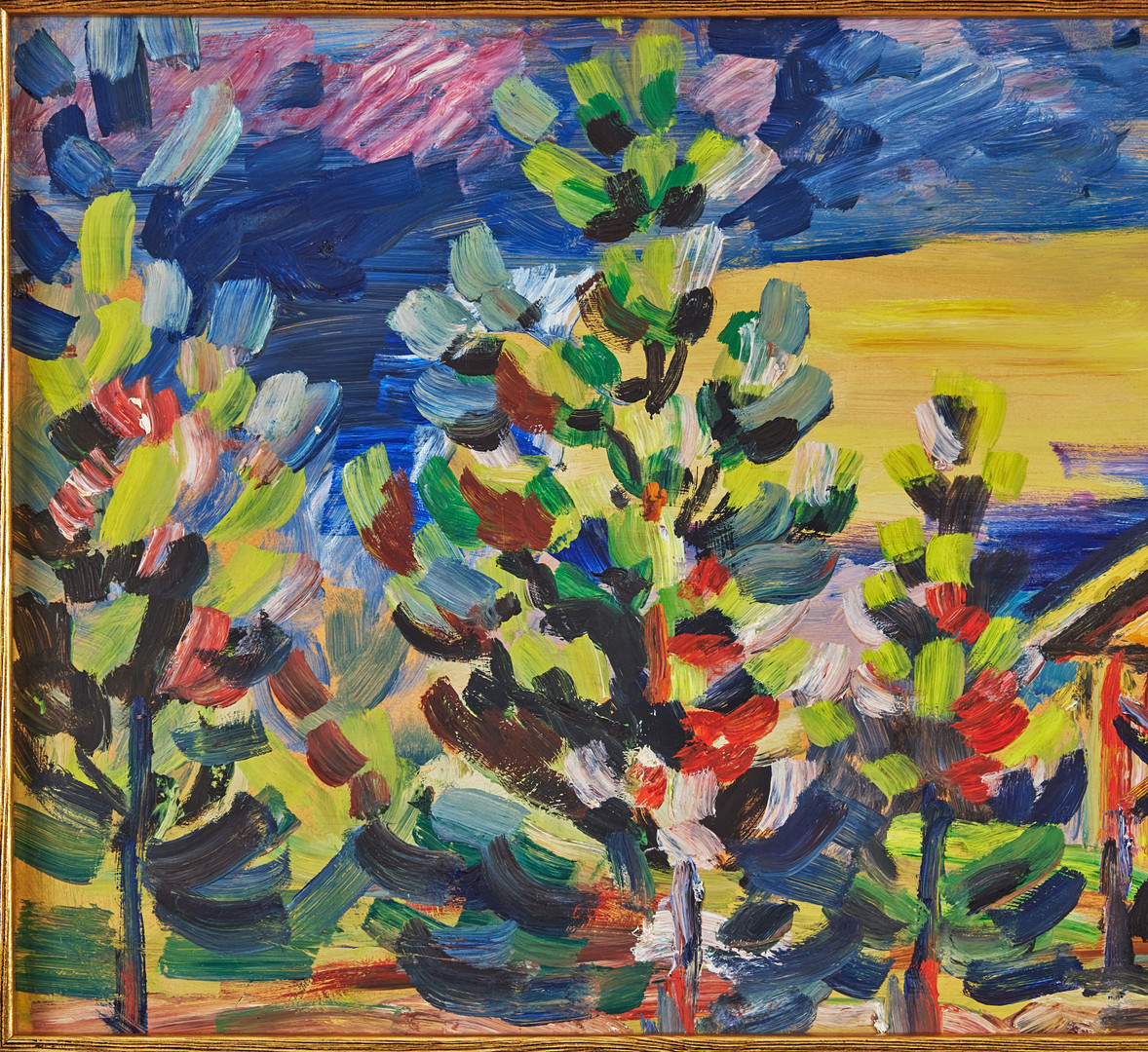 ESTER HENNING. Lada och träd, olja på pannå, 31 x 58 cm.