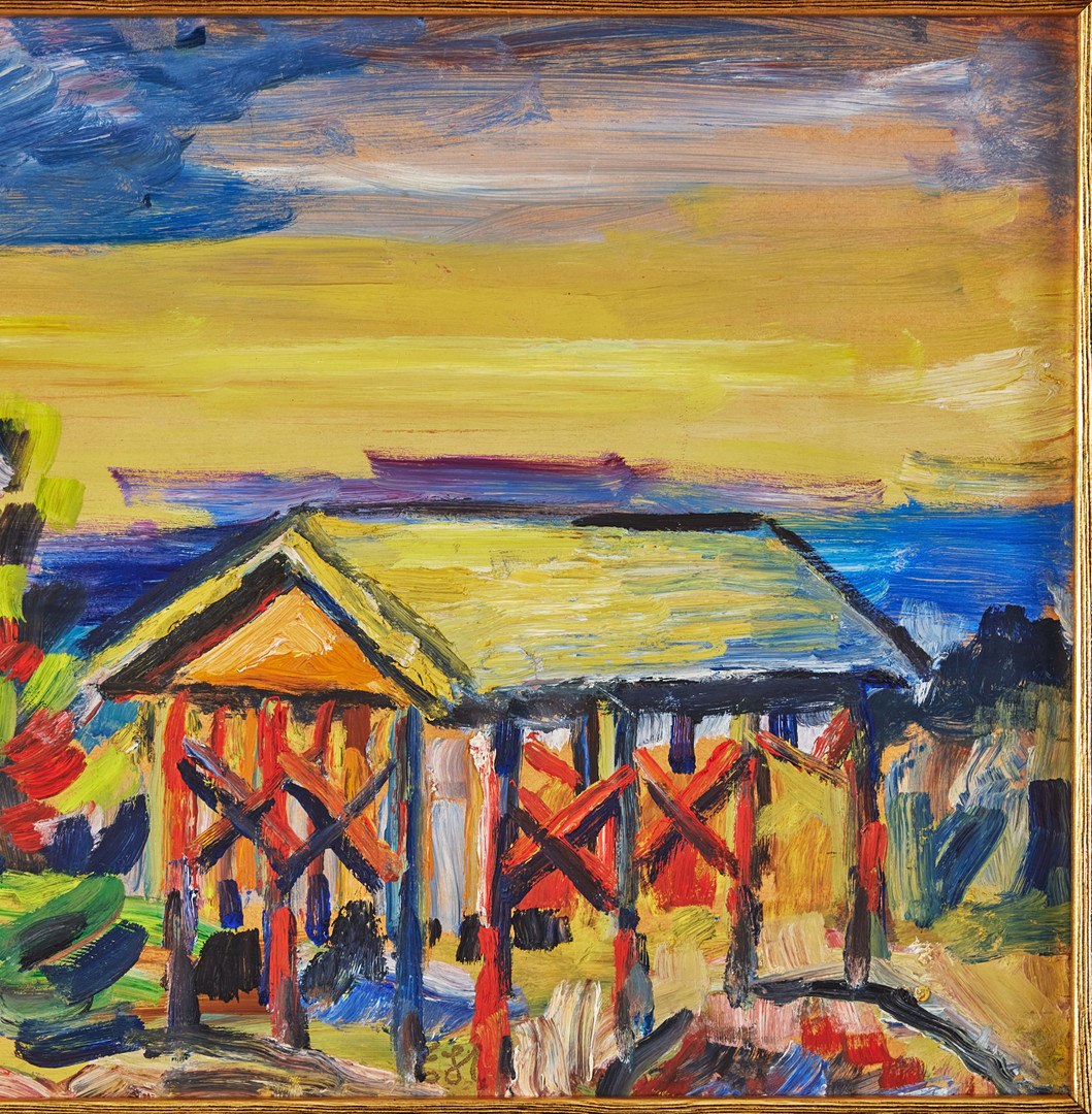 ESTER HENNING. Lada och träd, olja på pannå, 31 x 58 cm.