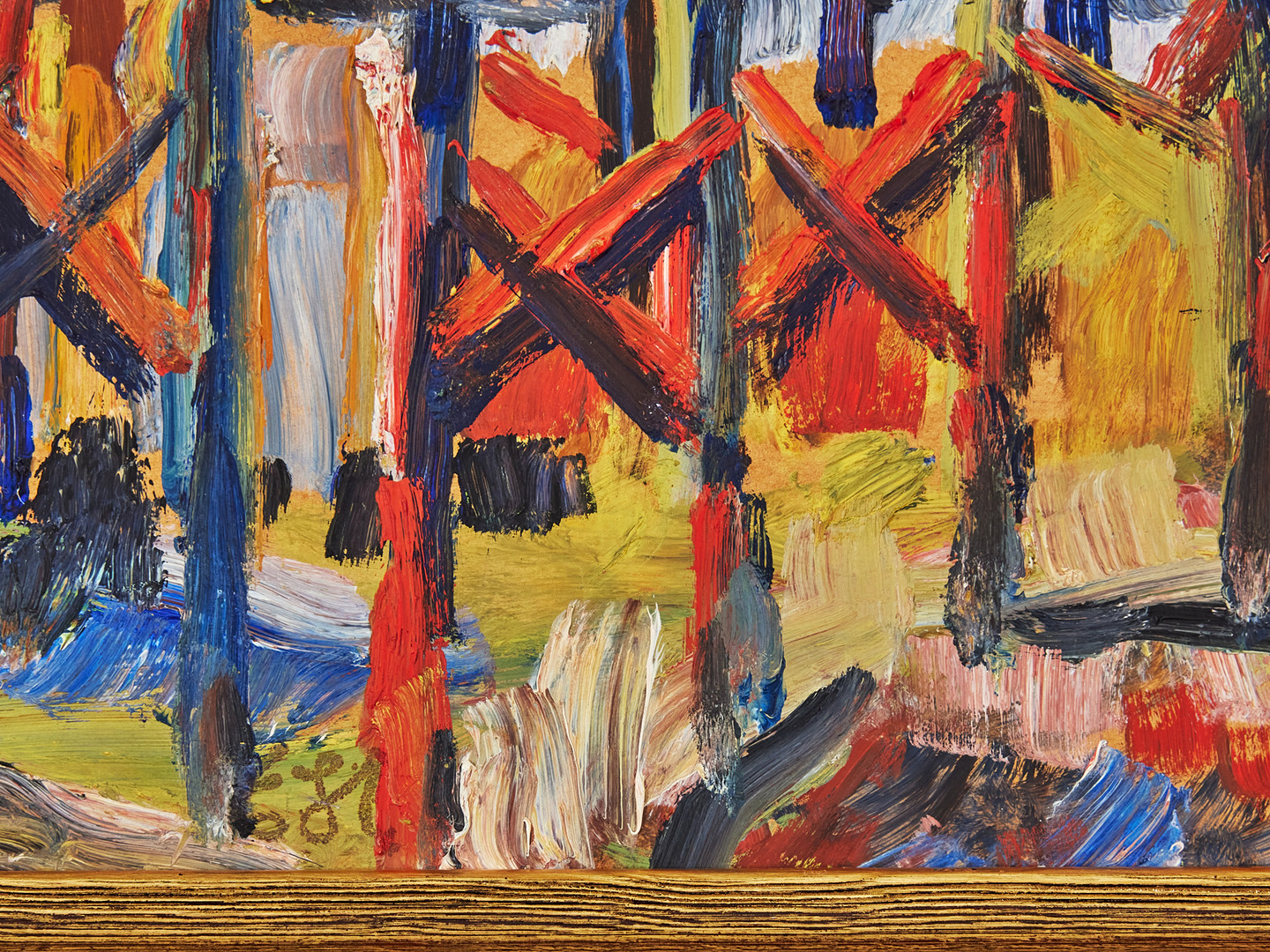 ESTER HENNING. Lada och träd, olja på pannå, 31 x 58 cm.