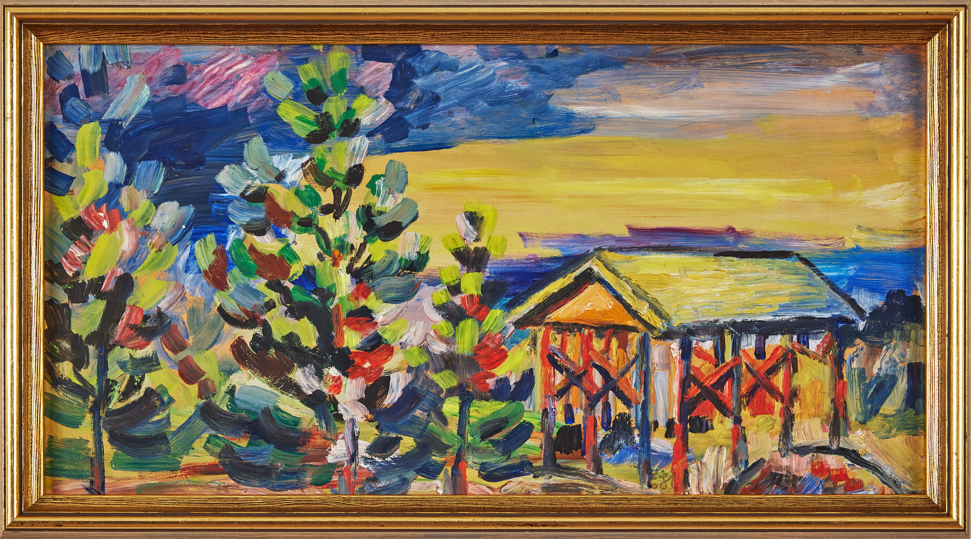 ESTER HENNING. Lada och träd, olja på pannå, 31 x 58 cm.