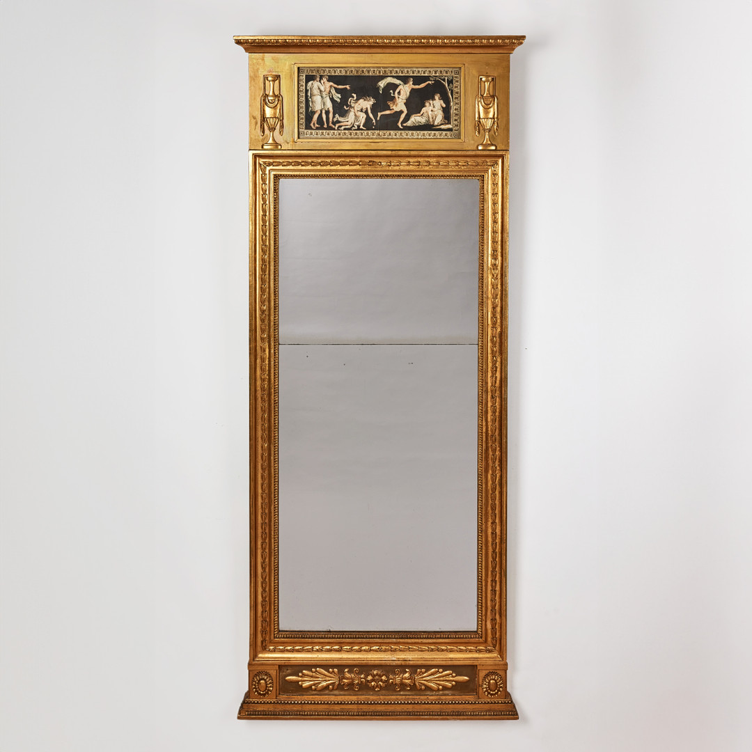 SPEGEL, sengustavianskt stockholmsarbete, omkring 1800, Pehr Ljungs art, träskuren dekor och pastellage, förgylld och bronserad.