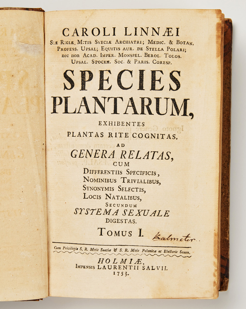 OLOF KALMETER'S COPY OF LINNAEUS' SPECIES PLANTARUM IN first edition second issue, 1753, 2 volumes.