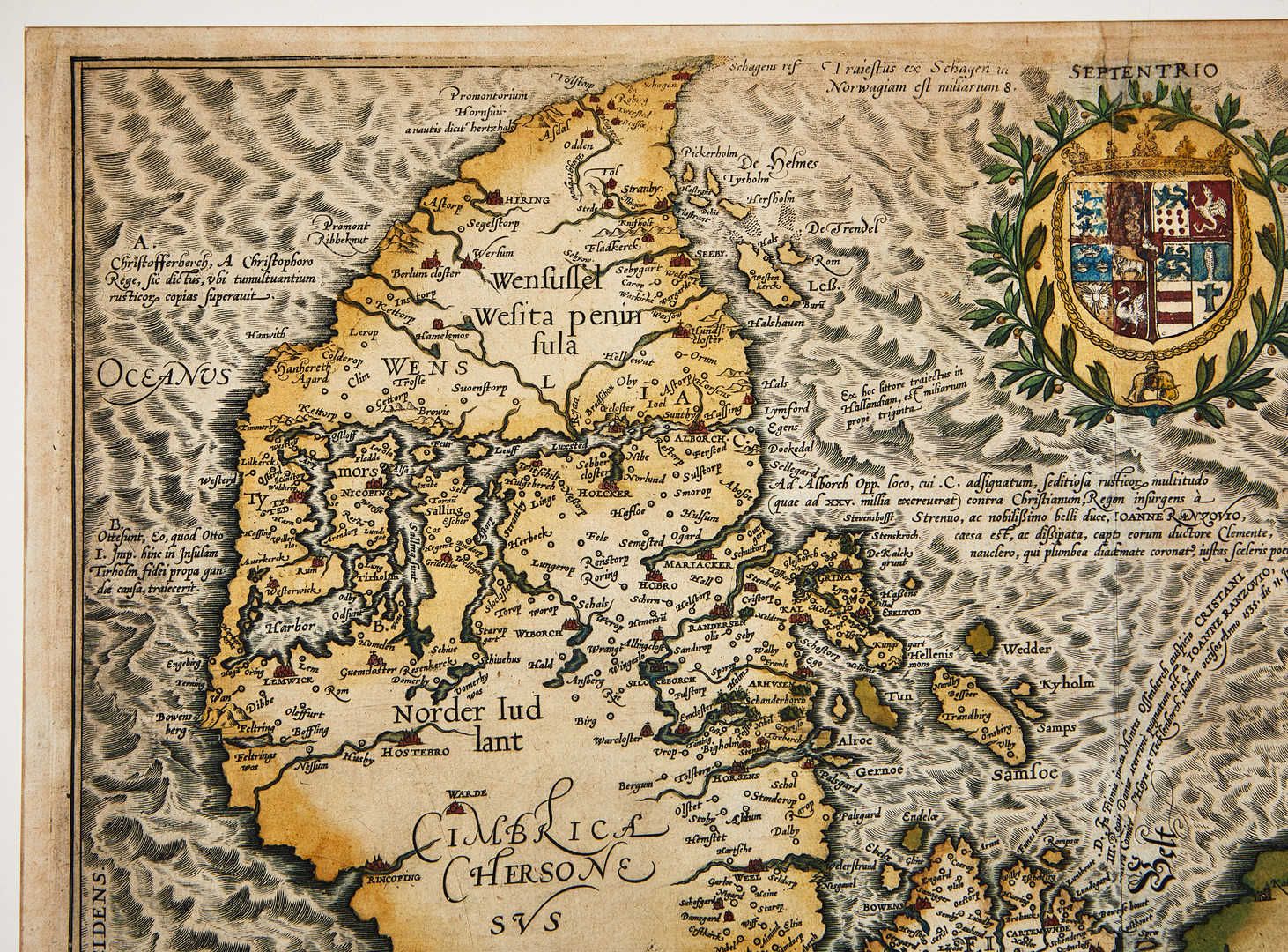 OLDEST PRINTED MAP OF DENMARK, BRAUN-HOGENBERG, Danorum Marca, ca 1590.