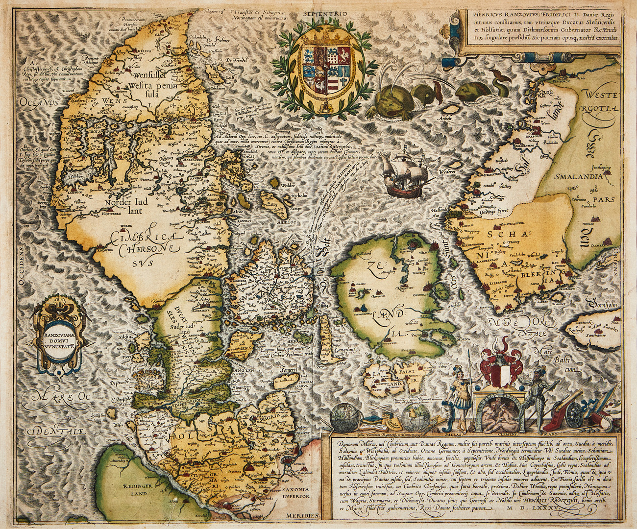OLDEST PRINTED MAP OF DENMARK, BRAUN-HOGENBERG, Danorum Marca, ca 1590.
