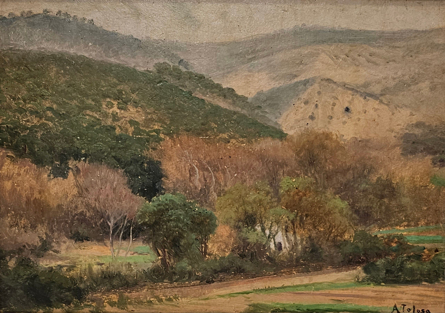 AURELI TOLOSA. PAISAJE MONTAÑOSO, ÓLEO SOBRE TABLA.