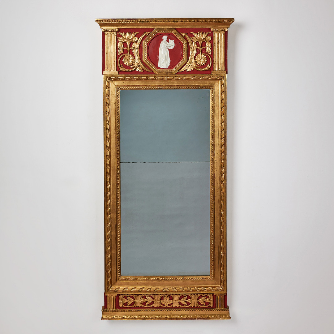 ERIC WAHLBERG (spegelmakare i Stockholm ca. 1760-1811) tillskriven, spegel, sengustavianskt stockholmsarbete, träskuren dekor, förgylld och bronserad.