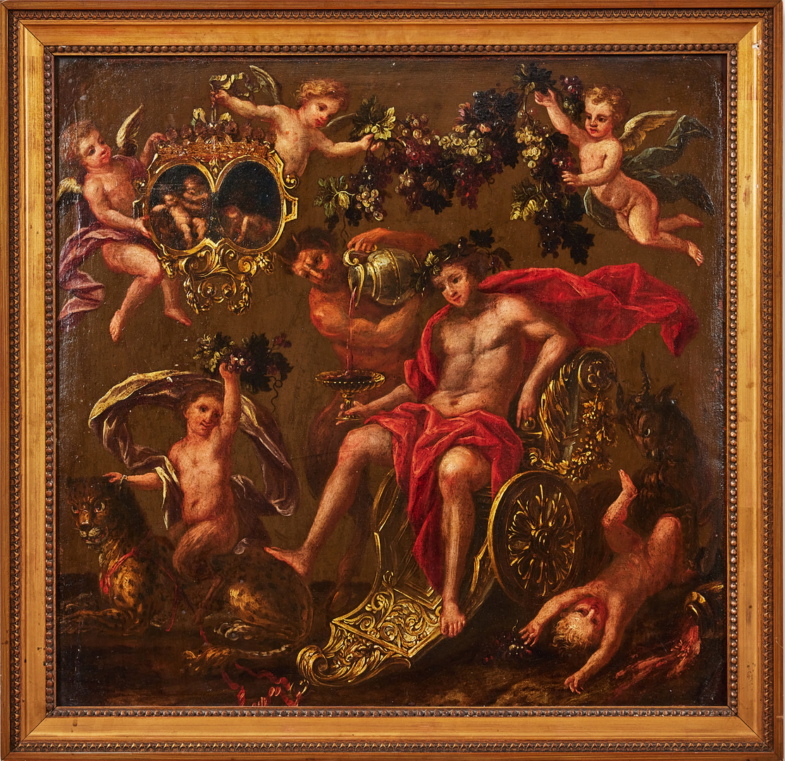 OIDENTIFIERAD KONSTNÄR. Allegorisk scen med Bacchus och putti.
