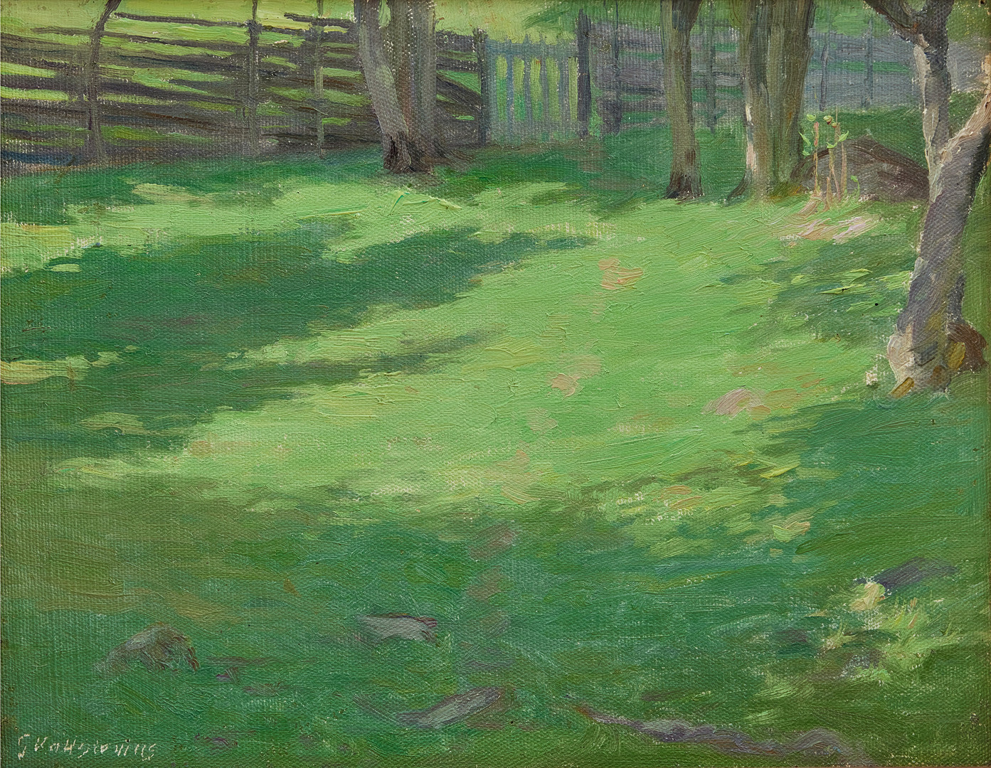 GOTTFRID KALLSTENIUS. Trädgård med gärdesgård och grind - motiv från Borsö.