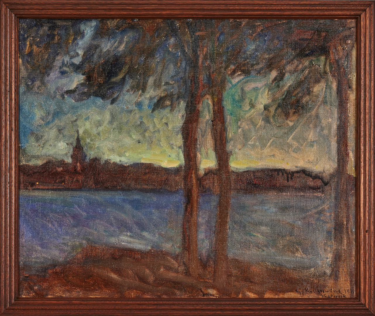 GOTTFRID KALLSTENIUS. Vy av Västervik med S:ta Gertruds kyrka, skymning.