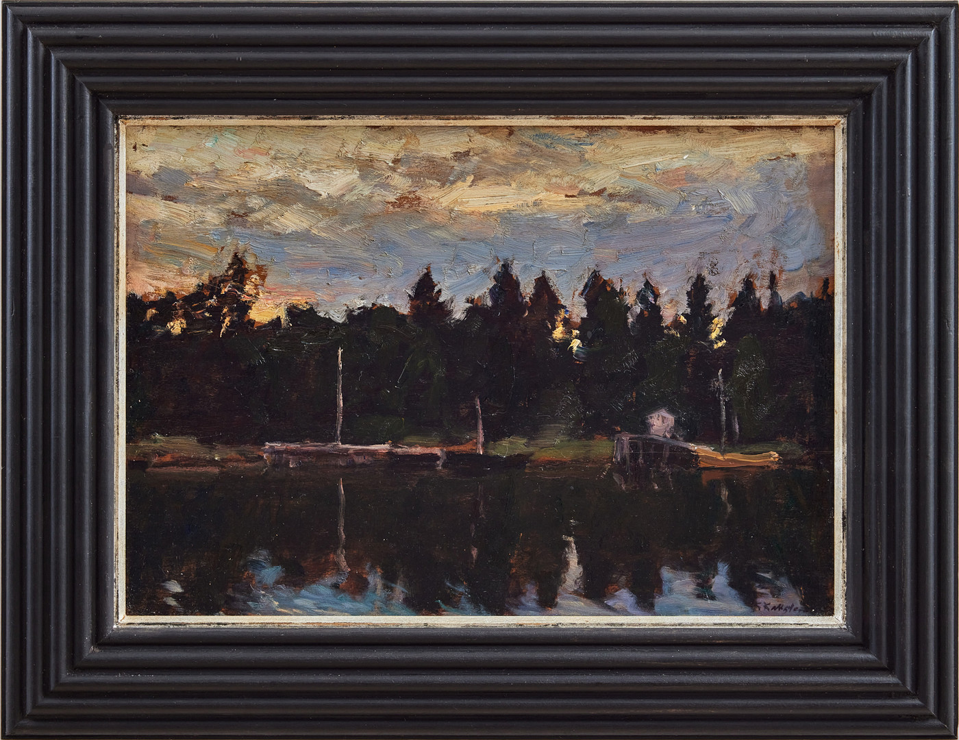 GOTTFRID KALLSTENIUS. Båthamnnen i Källvik, skymning.
