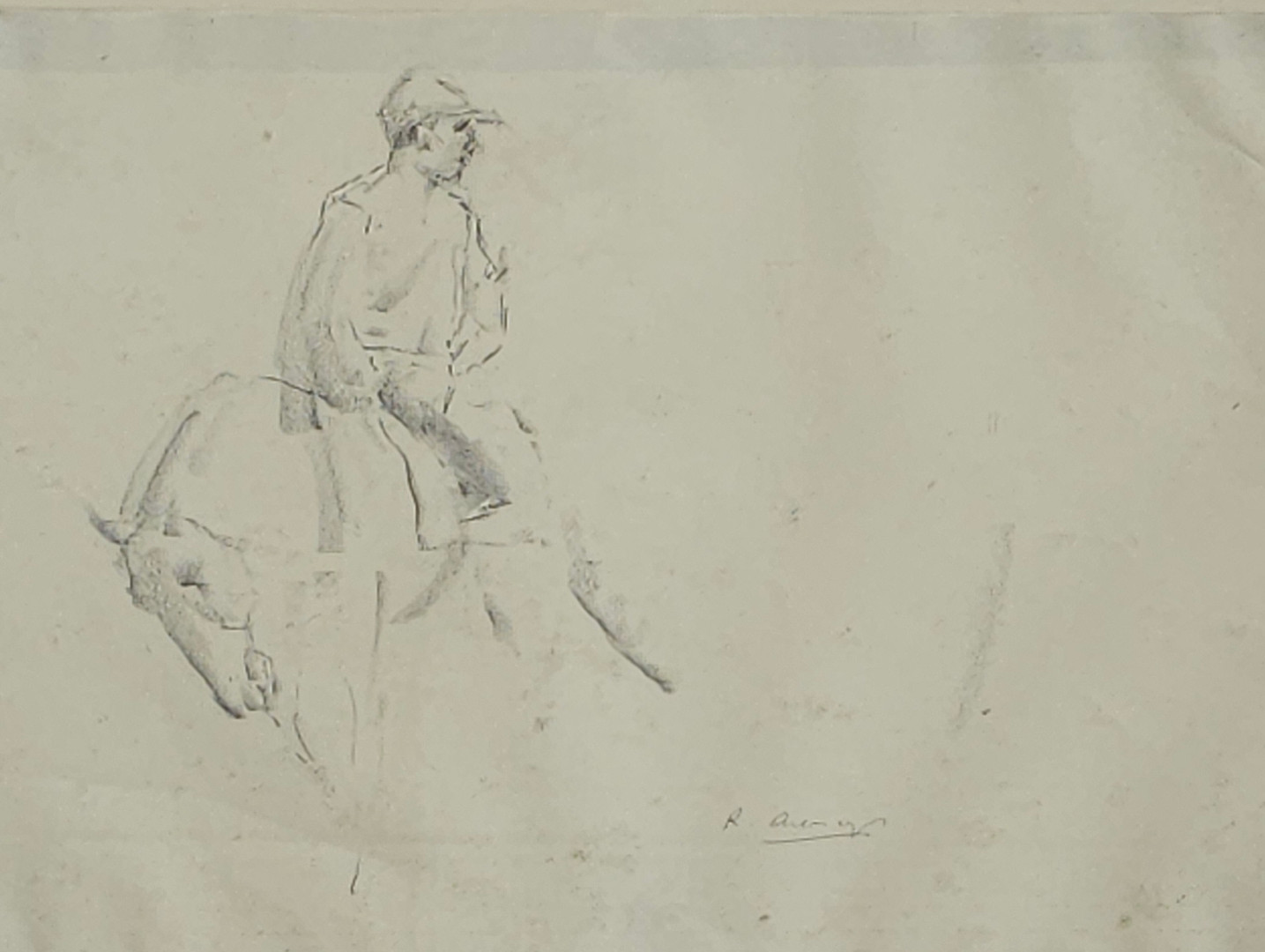 RICARD ARENYS GALDÓN. JINETE A CABALLO, DIBUJO A LÁPIZ SOBRE PAPEL.