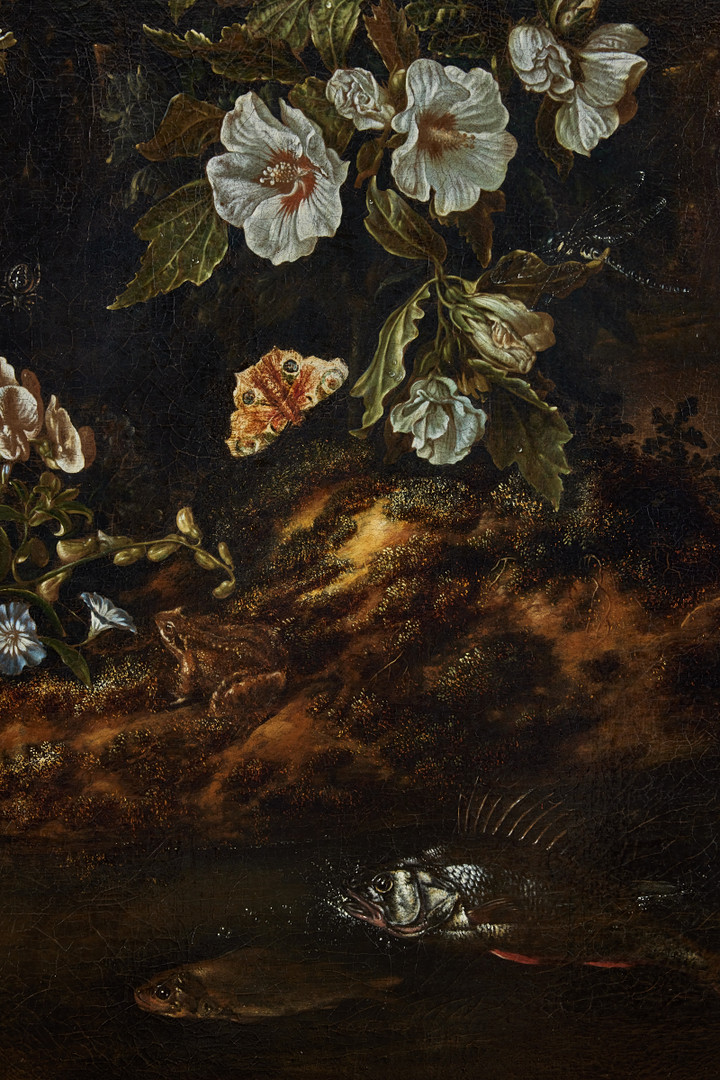 ISAAC VROMANS (HOLLAND, DELFT C. 1655-1719). Stilleben med blommor och fiskar i ett bergslandskap.