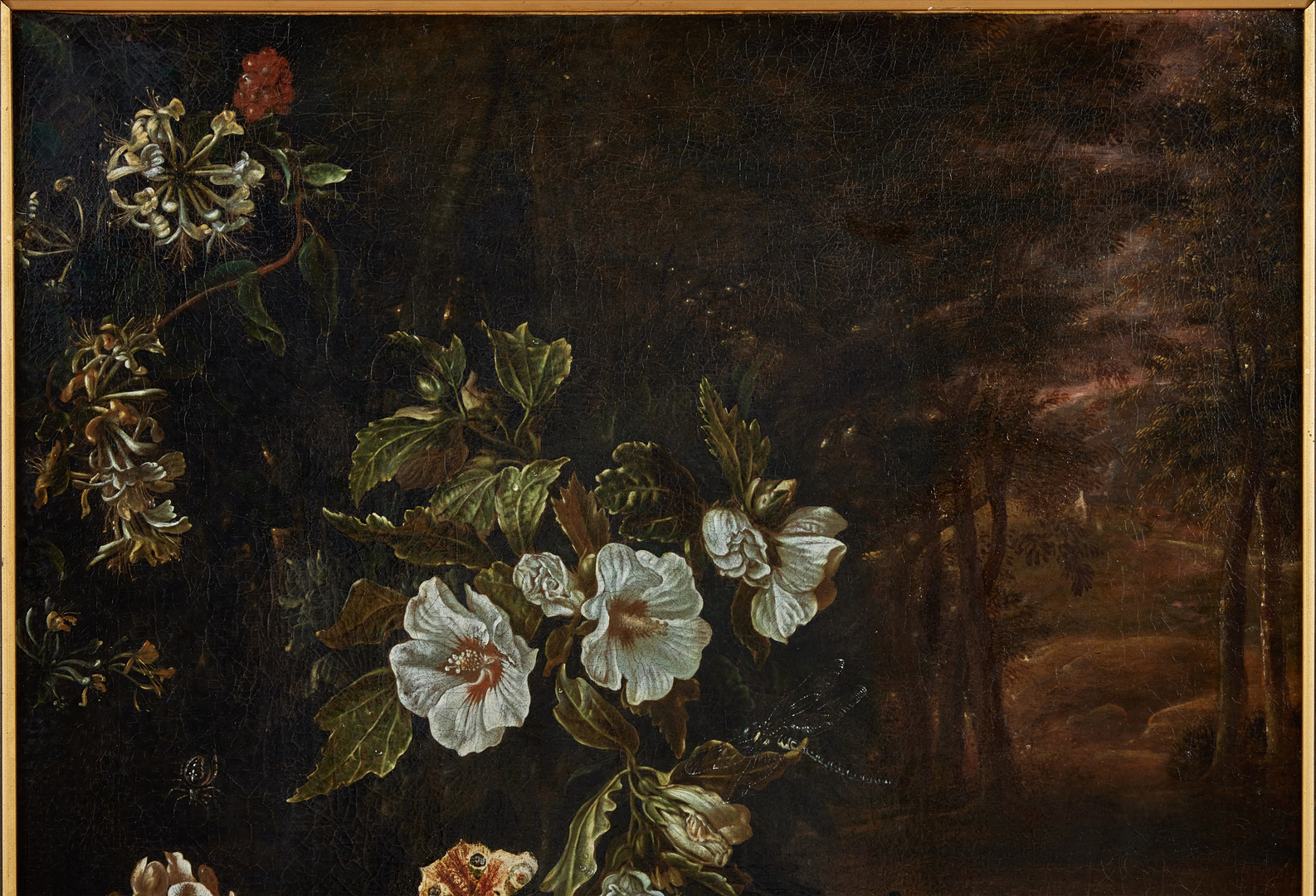 ISAAC VROMANS (HOLLAND, DELFT C. 1655-1719). Stilleben med blommor och fiskar i ett bergslandskap.