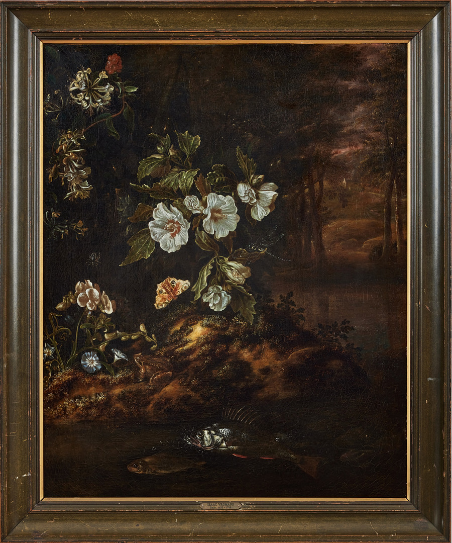 ISAAC VROMANS (HOLLAND, DELFT C. 1655-1719). Stilleben med blommor och fiskar i ett bergslandskap.