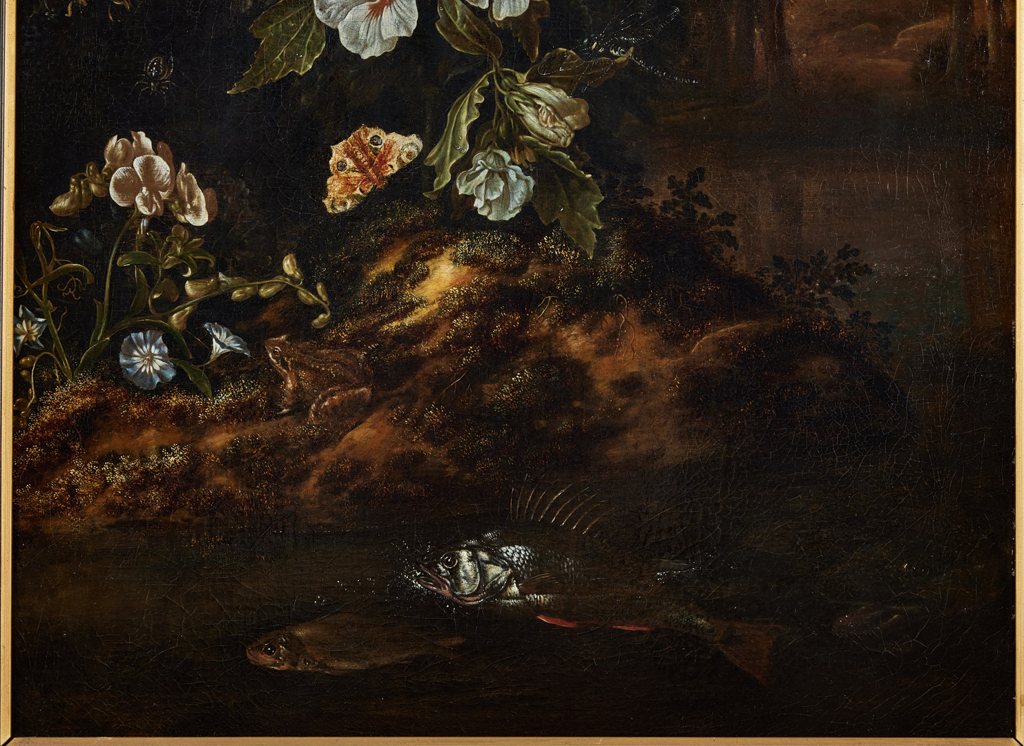 ISAAC VROMANS (HOLLAND, DELFT C. 1655-1719). Stilleben med blommor och fiskar i ett bergslandskap.