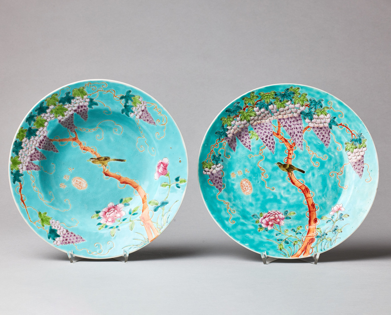 TWO DAYAZHAI FAMILLE ROSE TURQUOISE GROUND DISHES.