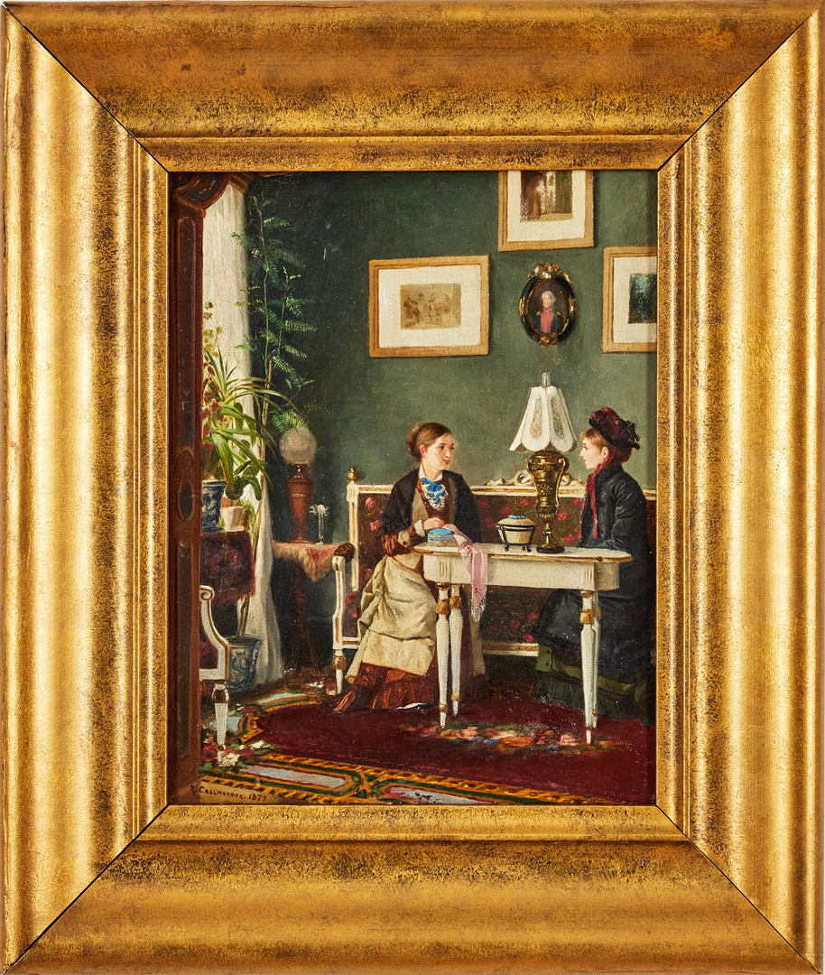 REINHOLD CALLMANDER (1840-1922). Interiör med handarbetande kvinna som får besök.