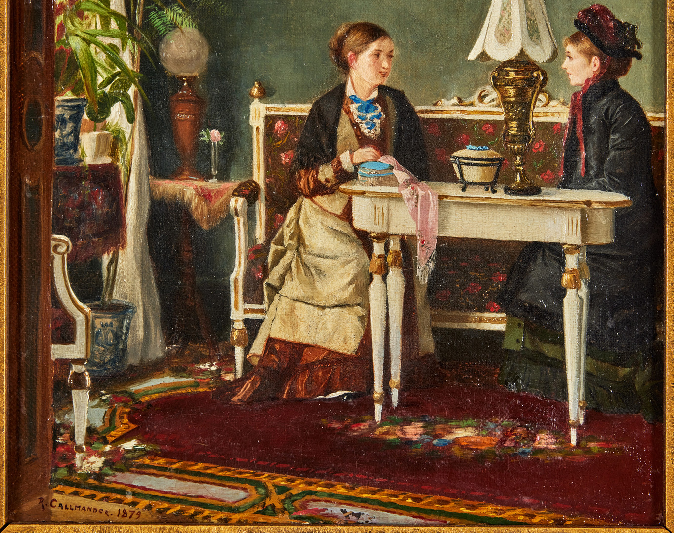 REINHOLD CALLMANDER (1840-1922). Interiör med handarbetande kvinna som får besök.
