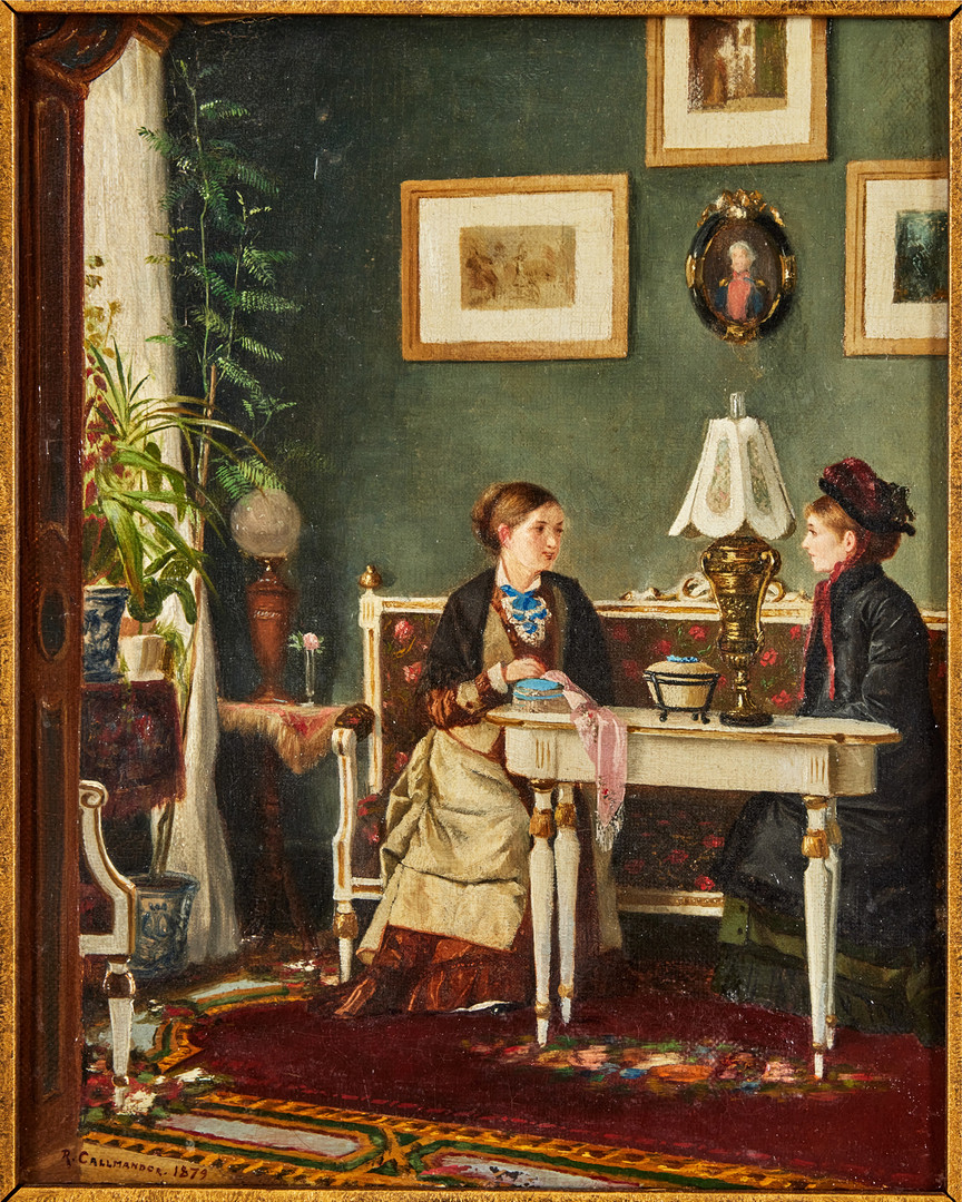 REINHOLD CALLMANDER (1840-1922). Interiör med handarbetande kvinna som får besök.