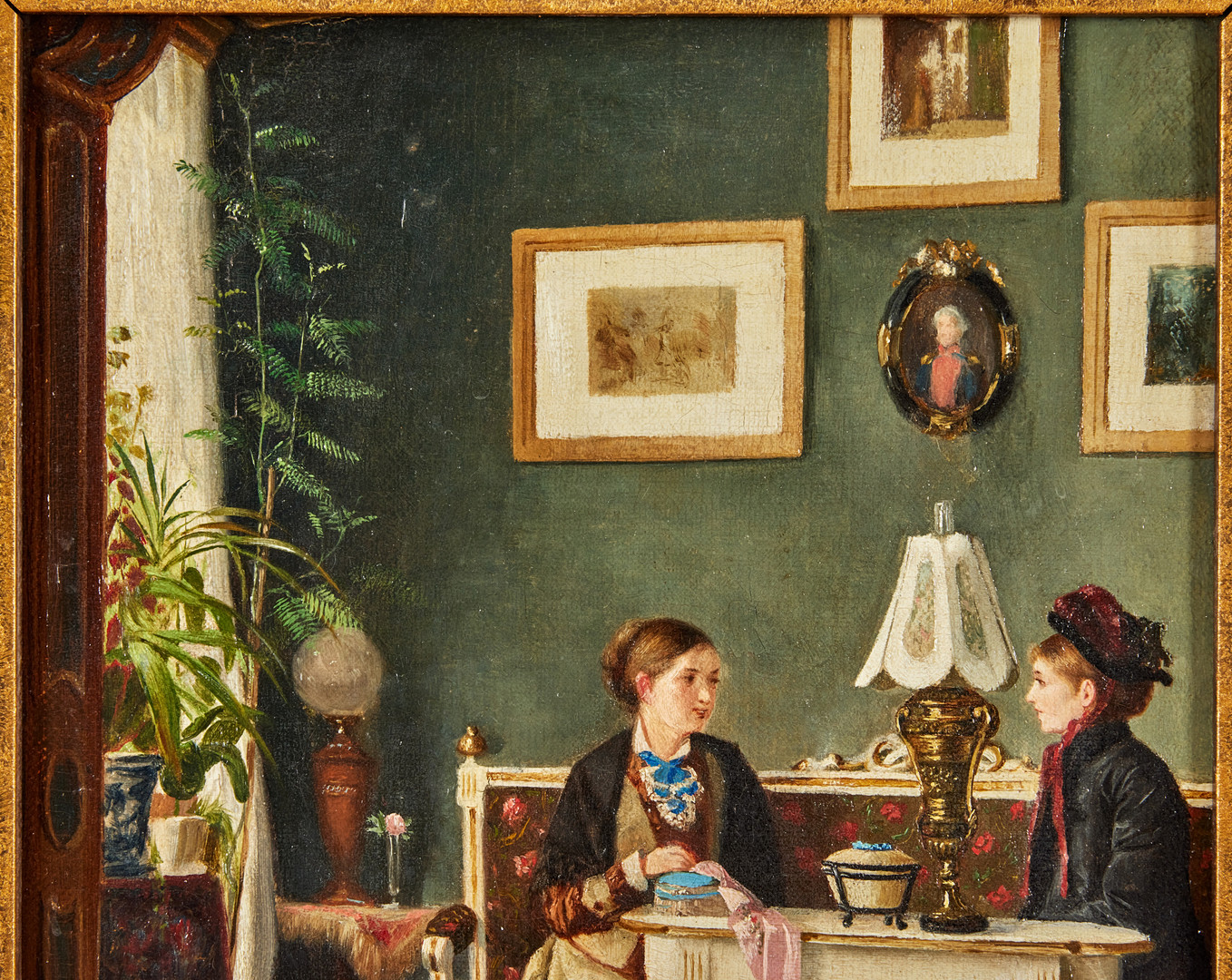 REINHOLD CALLMANDER (1840-1922). Interiör med handarbetande kvinna som får besök.