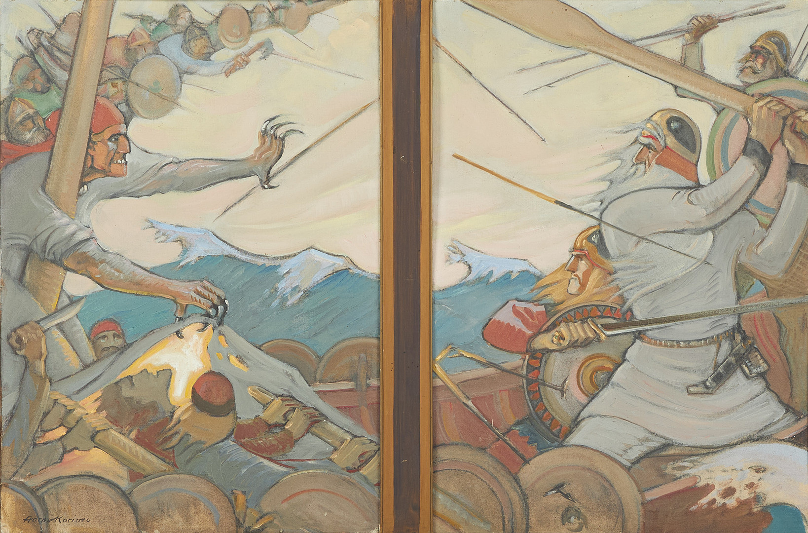 AARNO KARIMO. Sampos försvar, motiv ur Kalevala, diptyk, signerad, olja på duk, uppfodrad på pannå.