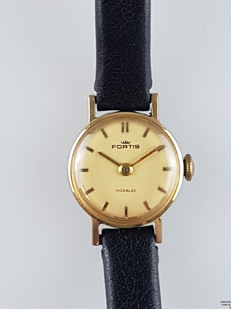 DAMENARMBANDUHR Fortis - Schweiz, rundes goldenes Zifferblatt und Zeiger.