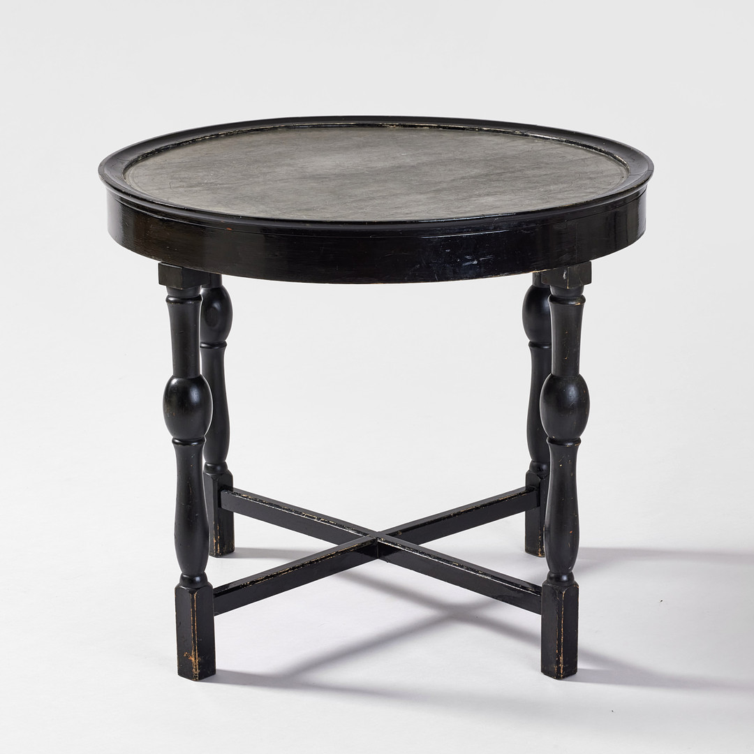 FIRMA SVENSKT TENN. Rökbord, Stockholm 1925/26, modell 254, skiva i tenn med figurscener av Nils Fougstedt, benställning i svartbonad björk utförd av Hjalmar Jackson.