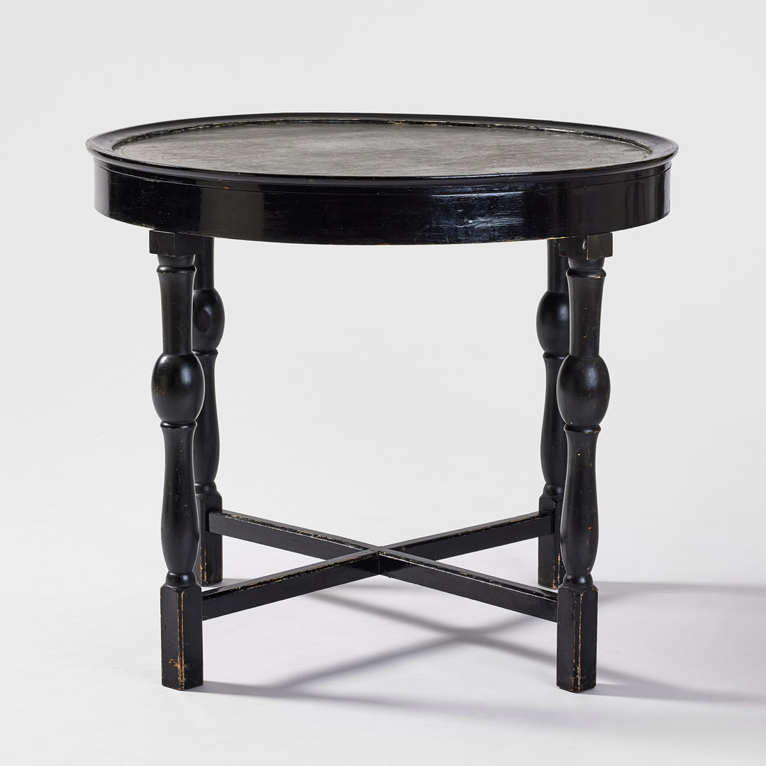 FIRMA SVENSKT TENN. Rökbord, Stockholm 1925/26, modell 254, skiva i tenn med figurscener av Nils Fougstedt, benställning i svartbonad björk utförd av Hjalmar Jackson.