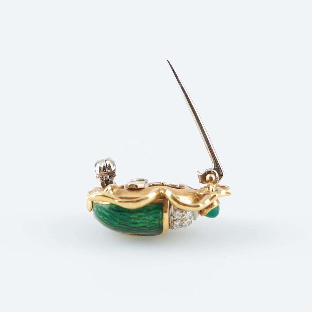 BROSCH, skalbagge, åttkantslipade diamanter, smaragd, emalj, 18K guld, Alessandria, Italien.